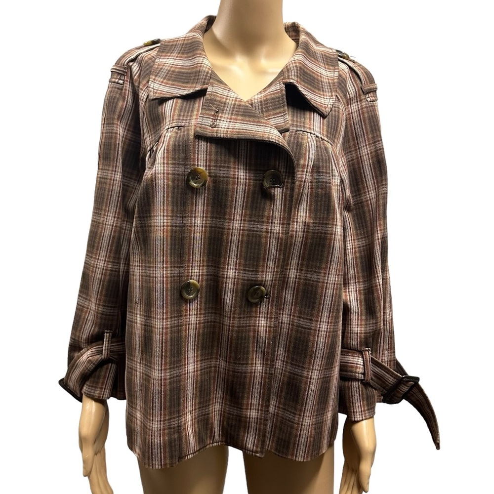 Liz Claiborne Brown Plaid Double Breasted Cropped Cotton Peacoat Womens XL